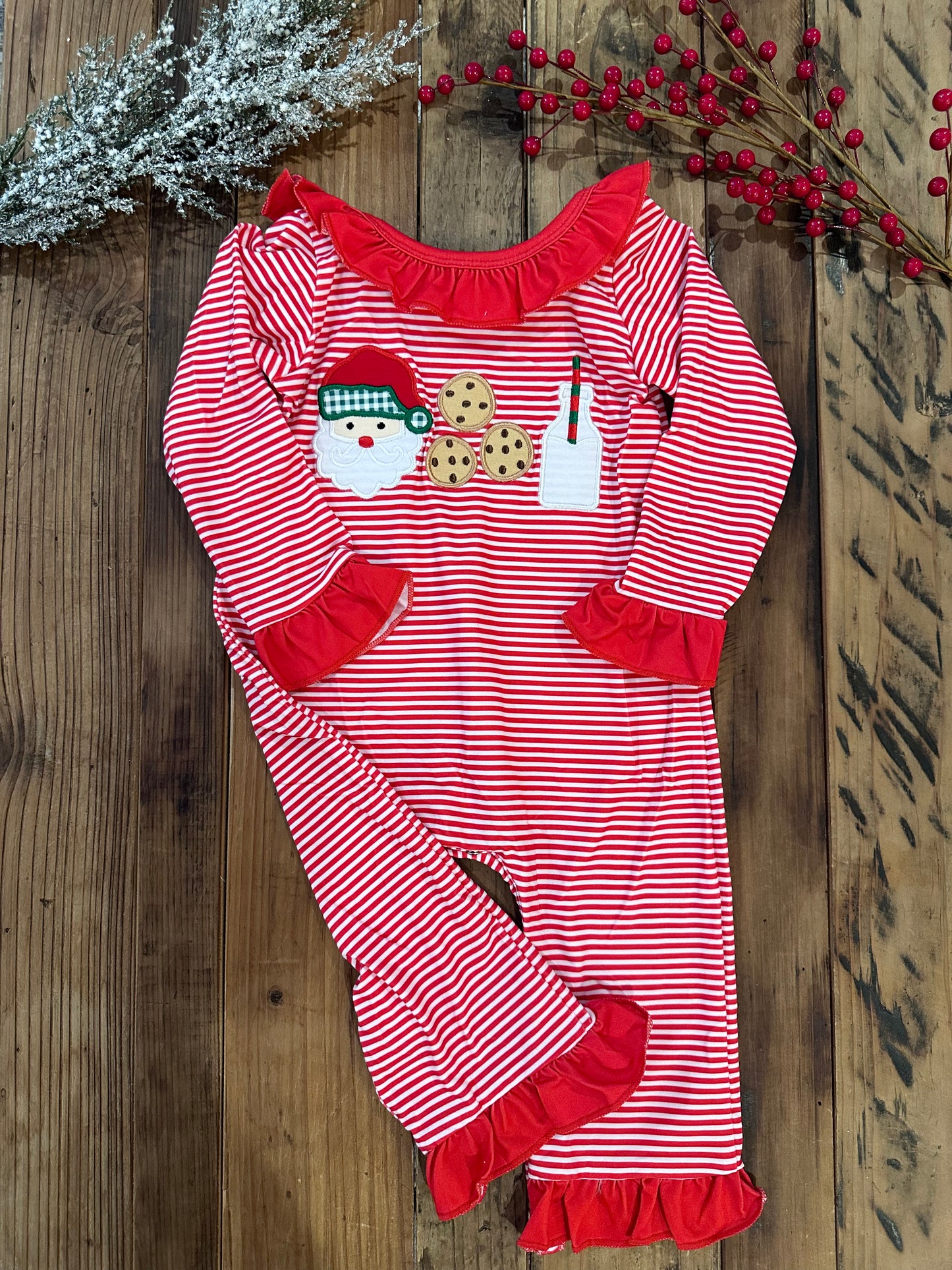 Baby Girls Striped Santa's Milk & Cookies Appliqué Romper